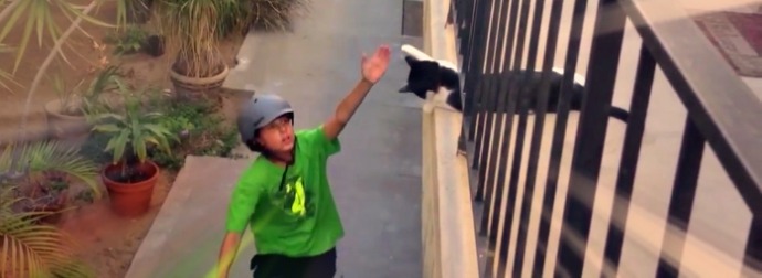 Caught On Camera - Tuxedo Cat High-Five's Kid Riding Through On His Bike. Wait For It!