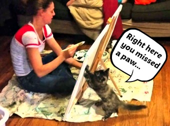 Kitten vs Artist - Kitten Paws At Back Of Canvas To While Artist Paints. The Result? Just Genius!