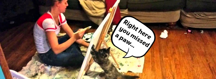 Kitten vs Artist - Kitten Paws At Back Of Canvas To While Artist Paints. The Result? Just Genius!